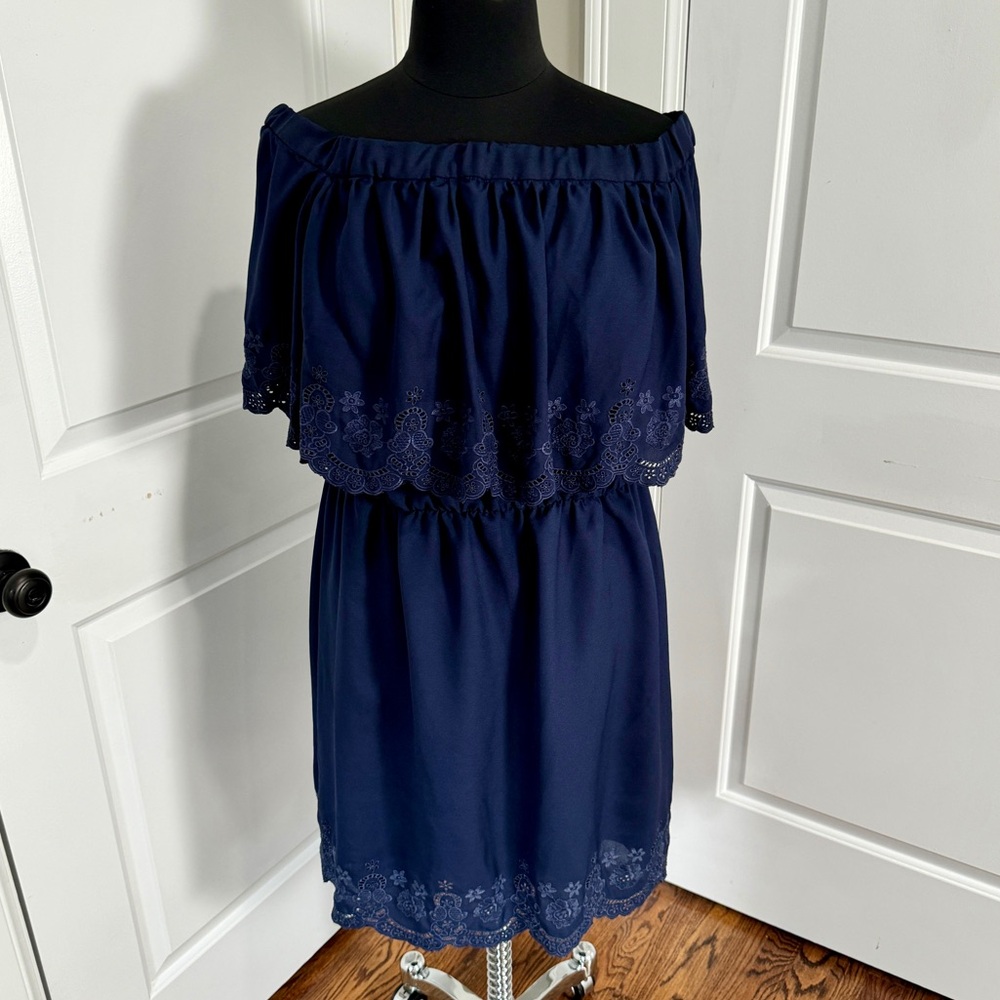 ELOQUII Navy Off-the-Shoulder Dress with Embroidered Lace Trim Detail, Size 18